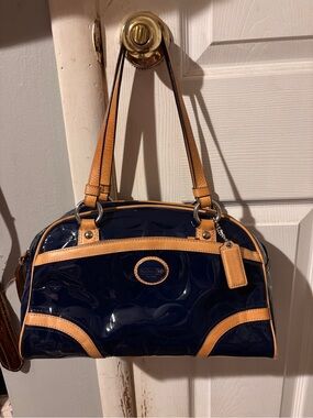 Coach Navy Patent Shoulder Bag with Tan Trim
